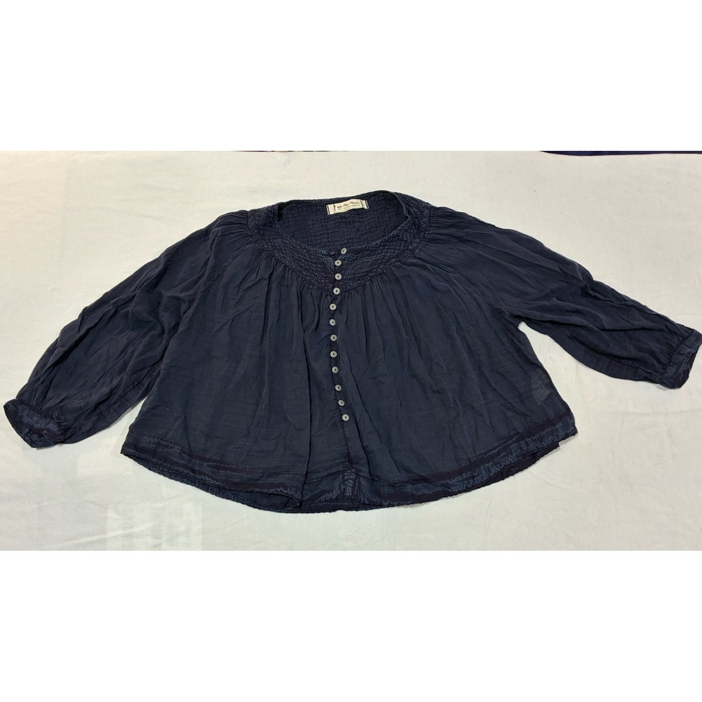 We The Free People‎ Women's Small Boho Button Up Blouse Navy Blue Smocked Gauze
